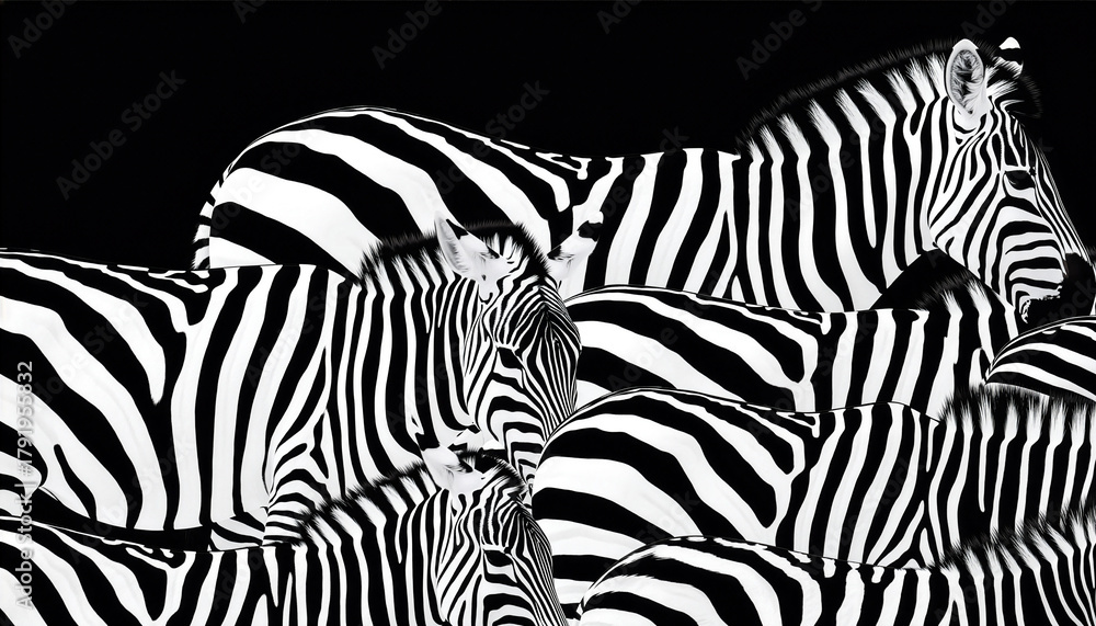 Fototapeta premium Monochrome wildlife portrait of a group of zebras, their intricate stripe patterns merging into a captivating optical illusion of natural art