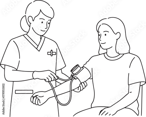 Healthcare Nurse Measuring Patient's Blood Pressure - Medical Checkup Line Art Illustration