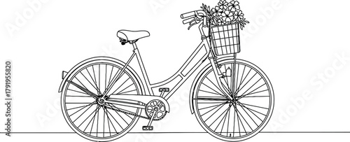 Black and White Line Art Illustration of Vintage Bicycle with Flower Basket