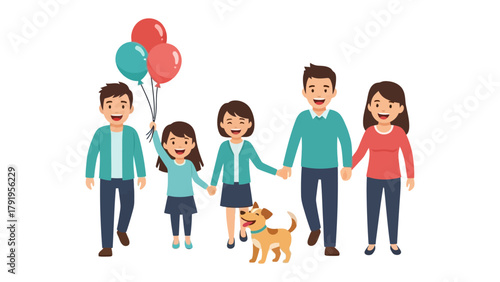 A Family Outing: A vibrant family strolls hand-in-hand, beaming with joy, with colorful balloons and a cheerful dog accompanying their happy walk. A heart warming illustration