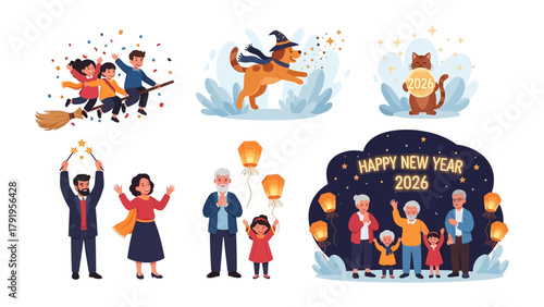 New Year Celebrations: Festive illustrations capture the spirit of a new year, showcasing people and pets. A collection of happy moments and joyful celebration.