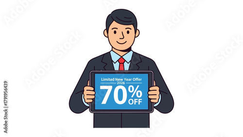 Limited Offer Promotion: A smart businessman confidently presents a digital tablet, showcasing a tempting 70% off deal for a new year's offer, promoting savings.