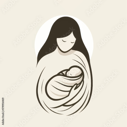 Stylized illustration of a mother holding her newborn baby tenderly.