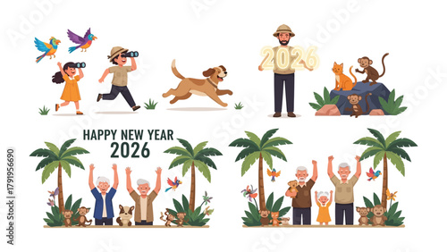 New Year Adventure 2026: Delightful cartoon scenes showcasing the celebration of a new year, featuring joyful people and animal companions, palm trees, and vibrant nature elements.