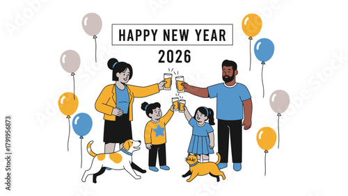 New Year Celebration: A family merrily toasts the new year, surrounded by cheerful balloons and friendly pets, embodying joy and unity, heralding a fresh start and shared happiness.