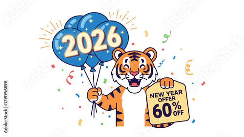 New Year Offer: Animated tiger offers a promotional sign for the new year with balloons, fireworks, and confetti, making an appealing illustration.