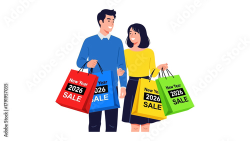 New Year Shopping Couple: A cheerful couple embarks on a shopping spree, proudly carrying vibrant shopping bags announcing the 2026 New Year Sale.