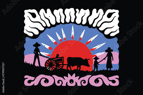 A whimsical vintage illustration of a farm scene featuring a cart, a cow, a family and a sunrise