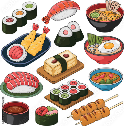 Assorted Japanese food dishes and sushi rolls sashimi