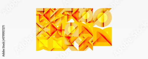 Abstract geometric shapes, vibrant orange, yellow hues. Complex composition, layered forms create dynamic visual texture.
