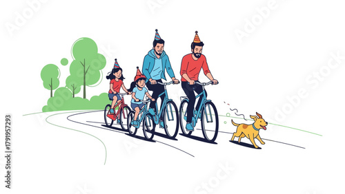 Family Cycling Adventure: A cheerful family pedals along a winding path. The image captures the joy of shared experience. Every element, from the hats to the dog's eager presence.