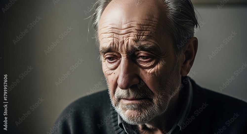 Obraz premium Portrait of a Pensive Elderly Man with Deep Wrinkles.
