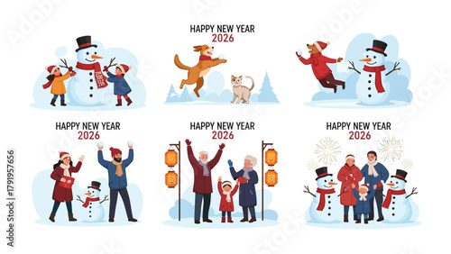 New Year's Celebration 2026: A vibrant collection of illustrations, each a snapshot of festive joy, showcasing various characters in celebratory moments.