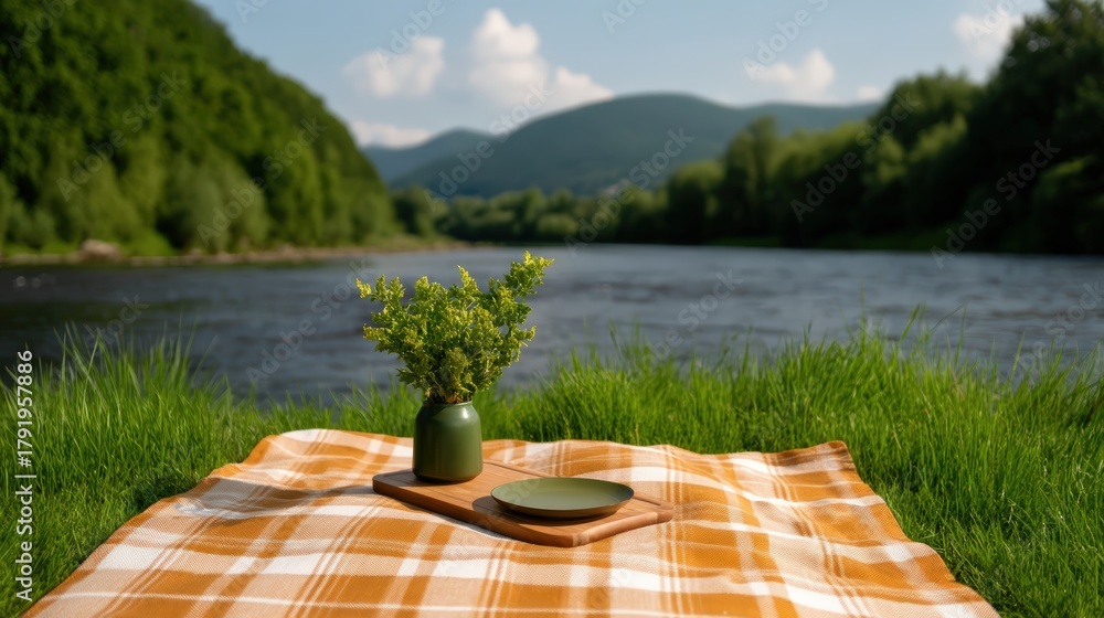 Fototapeta premium A serene picnic scene by a river, featuring a plaid blanket, a small vase of flowers, and a plate on a wooden board, with lush greenery and mountains in the background.