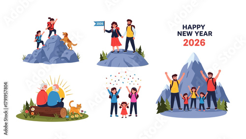 New Year's Vision 2026: A set of scenes depict the spirit of family, success, adventure, and the anticipation of a joyous new year, set against nature's beauty.