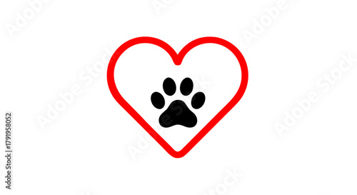 Vector icon, logo with a dog or cat paw print in a red heart outline, isolated on a transparent background.