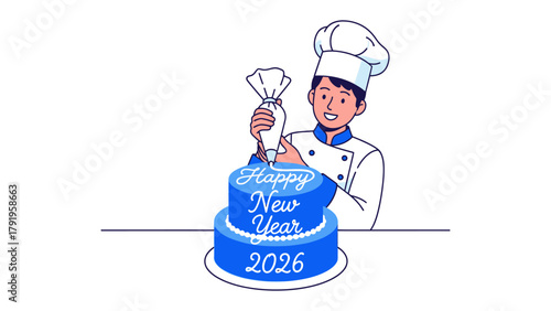 New Year Cake: A chef carefully decorates a cake that says Happy New Year 2026, embodying the spirit of celebration and the anticipation of a new beginning.