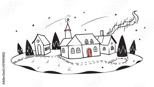 Illustration of a small village with houses trees and a church under a starry sky in a winter landscape