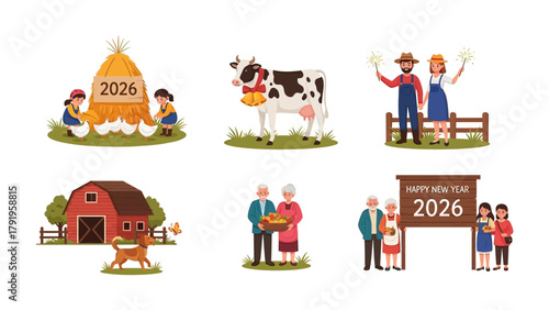 New Year's Farm Life: A festive collage of farming life scenes for new year celebration, featuring farm, animals, farmers, and family in a countryside setting.