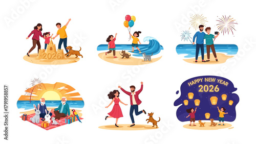 Family moments: Diverse family gatherings on a sunny day. Joyful family memories on the beach with pets.