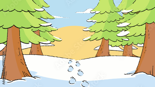Cartoon winter landscape with snow covered trees and animal tracks leading towards the sunlit horizon