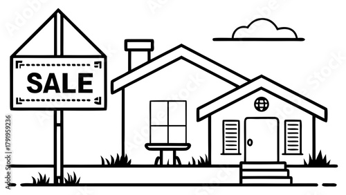 Illustration of a house with a sale sign in front of it and a cloud in the background in black and white