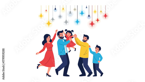 Dancing Family: Animated image of a happy family dancing together under a cascade of decorative lights, capturing the spirit of joy and togetherness.