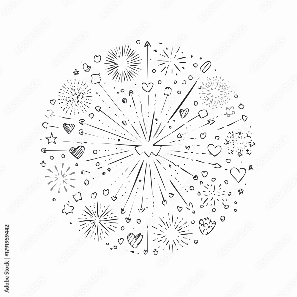 Obraz premium Sketch-style celebration graphic featuring radiating fireworks, hearts, and arrows.