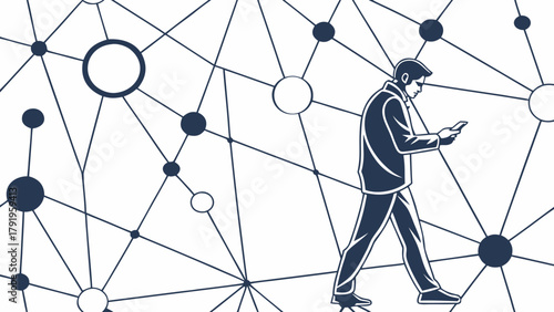 Illustration of a man walking and using a smartphone with a network of connected circles behind him