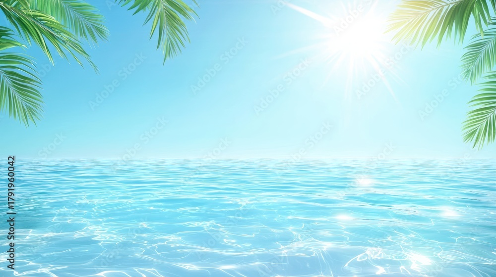 Fototapeta premium advertising Travel advertisement showcasing a sunny beach with palm trees and crystal clear water.