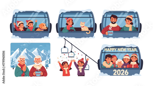 New Year’s Ski Lift: A collection of heartwarming scenes depicting individuals and families, creating wonderful moments. 