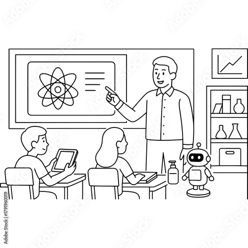 Teacher teaching science to students in classroom. Atom illustration on board. Vector of modern education and futuristic technology. STEM education concept.