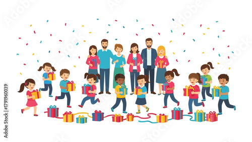 Gift of Togetherness: A vibrant tableau of a close-knit family, with adults and children alike, gathering to celebrate a special occasion.