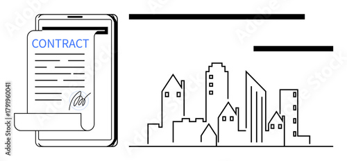 Digital tablet displaying signed contract paired with urban city skyline. Ideal for real estate, legal agreements, business partnerships, remote workflows, technology, urban planning, simple flat
