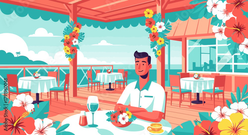 Serene dining experience: Man enjoying tropical ambiance at seaside restaurant