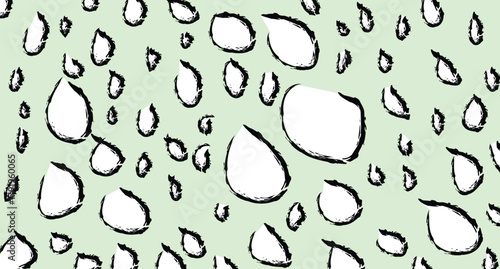 a seamless pattern featuring stylized raindrops or water droplets on a light green background. The droplets are white with a black, hand-drawn, doodle-style outline, and vary in size and orientation