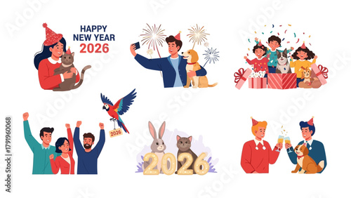 New Year's Celebration Collage: A vibrant collage capturing the spirit of a new year, showcasing diverse individuals joyfully celebrating with pets and fireworks.