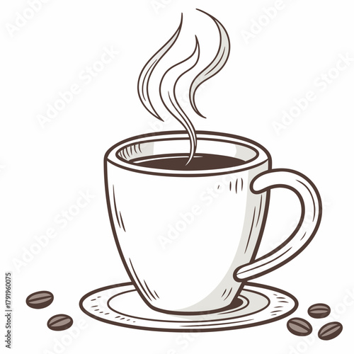 Illustration of a steaming coffee cup with beans