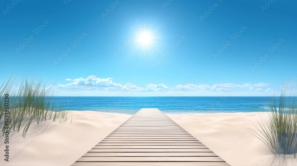 Fototapeta premium artistic Digital painting of a boardwalk leading to the ocean under a bright summer sky.