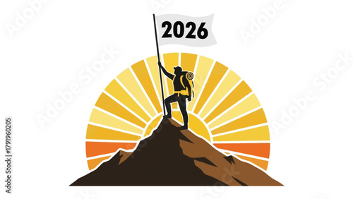 Conquering 2026: An illustration showcases a silhouette of an individual standing triumphantly atop a mountain peak, planting a flag emblazoned with the year 2026. This symbol represents ambition.