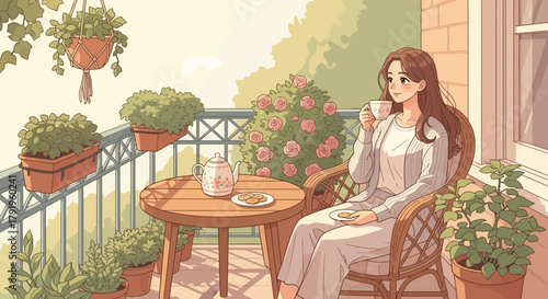 Serene tea time on the balcony, basking in gentle sunlight amid lush plants