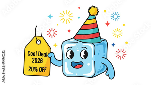 Cool Deal 2026: A cheerful ice cube character, adorned with a party hat, showcases a Cool Deal 2026 tag, radiating a celebratory vibe.