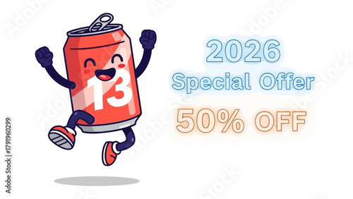 Happy Soda Can Advertisement: An eye-catching cartoon soda can happily bounces with joy, surrounded by vibrant text promoting a special offer.