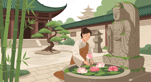 Zen Garden Serenity: A Meditative Illustration of Peace and Spiritual Practice