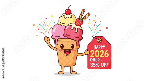 Joyful Ice Cream Deal: A cheerful ice cream cone, overflowing with scoops and treats, beams with delight while advertising a special offer for the year 2026.
