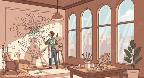 Artist creating a floral mural in a bright studio filled with natural light
