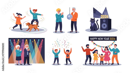New Year Celebration: Set of illustrations. featuring a family party, New Year theme party, dancing with a pet. expressing joy and family gathering.
