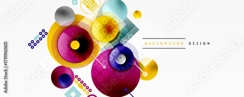 Abstract colorful shapes overlap, creating dynamic composition. Circles, squares, gradients define modern design elements. Bright hues dominate.