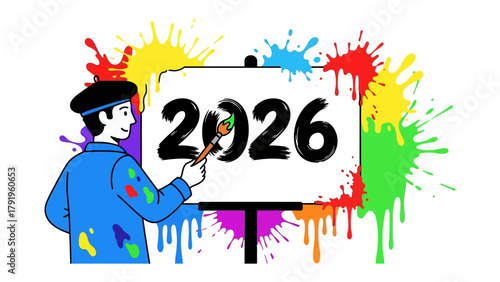 Creative Vision of 2026: A painter meticulously crafts the numerals 2026 on a canvas, with vibrant splashes of color adding a burst of creativity.