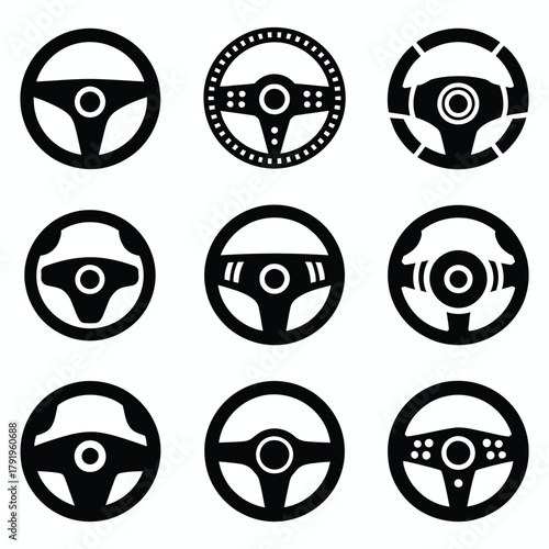Car Steering wheels icon set, isolated on white background, vector Illustration, Nine black steering wheel icons on white background